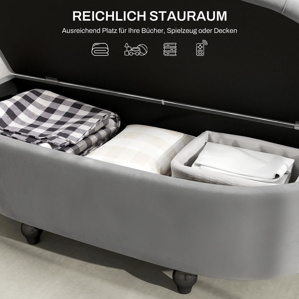 TRUHENBANK DE-07117 Samtoptik, Soft-Close Deckel Dunkelgrau - Dunkelgrau, Holz/Textil (46/42/120cm) - ComfortXL