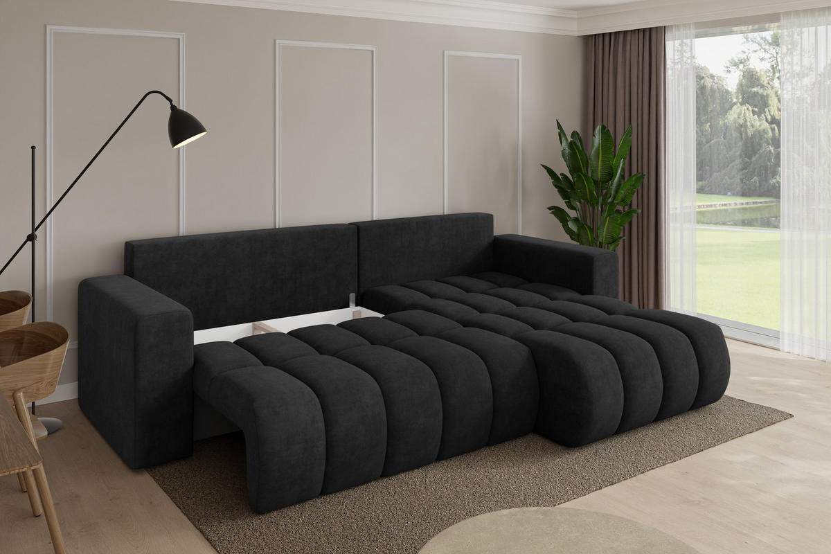 ROHOVÁ SEDAČKA s funkcí spaní, otoman vpravo MILA-L-v1 277x195x86 černá velur - černá, kompozitní dřevo/textil (277/194cm) - ALTDECOR