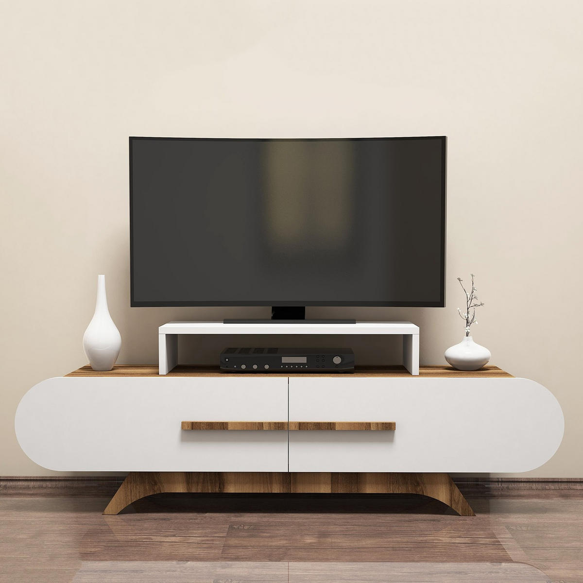 TV-MÖBEL 2 Türen Dekor Nussbaum und Weiß L145 cm - Rose - Apfelbaumfarben, Holzwerkstoff (36.8/49.8/145cm) - Calicosy