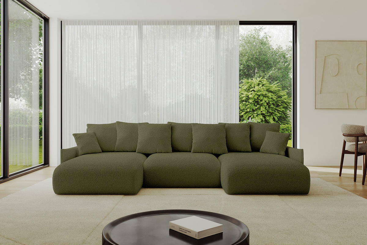 WOHNLANDSCHAFT mit Schlaffunktion und Bettkasten ONESK-U-v1 304x165x40 Grün Bouclé - Grün, Holzwerkstoff/Kunststoff (304/90/165cm) - ALTDECOR
