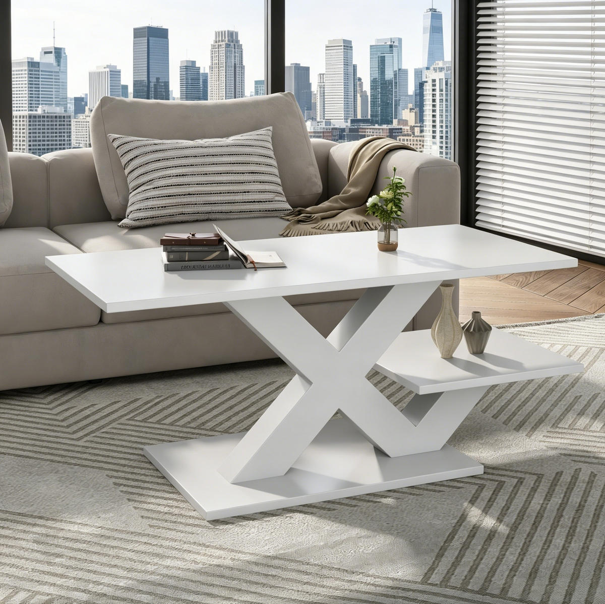 COUCHTISCH aus MDF 100x48x45 cm Weiß Hochglanz mit 2 Ablageflächen und X-Gestell - Weiß, Holzwerkstoff (100/48/45cm) - IVMEU