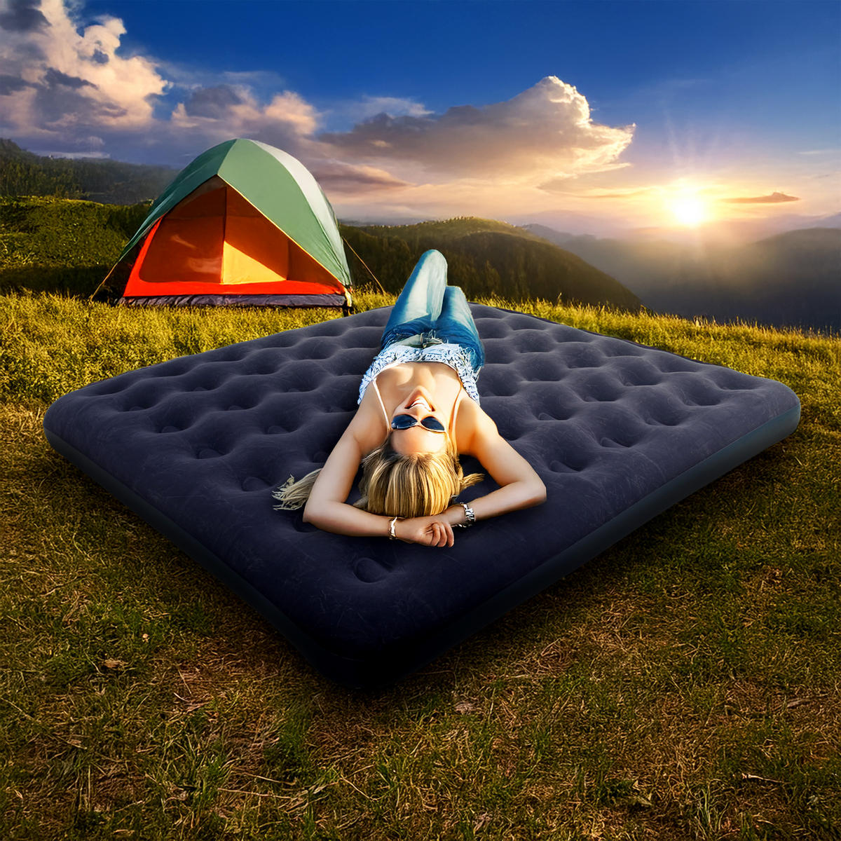 LUFTBETT Luftmatratze Camping 2 Personen 203x183x22cm blau aufblasbar ohne Pumpe - Blau, Kunststoff (183/203cm) - Avenli
