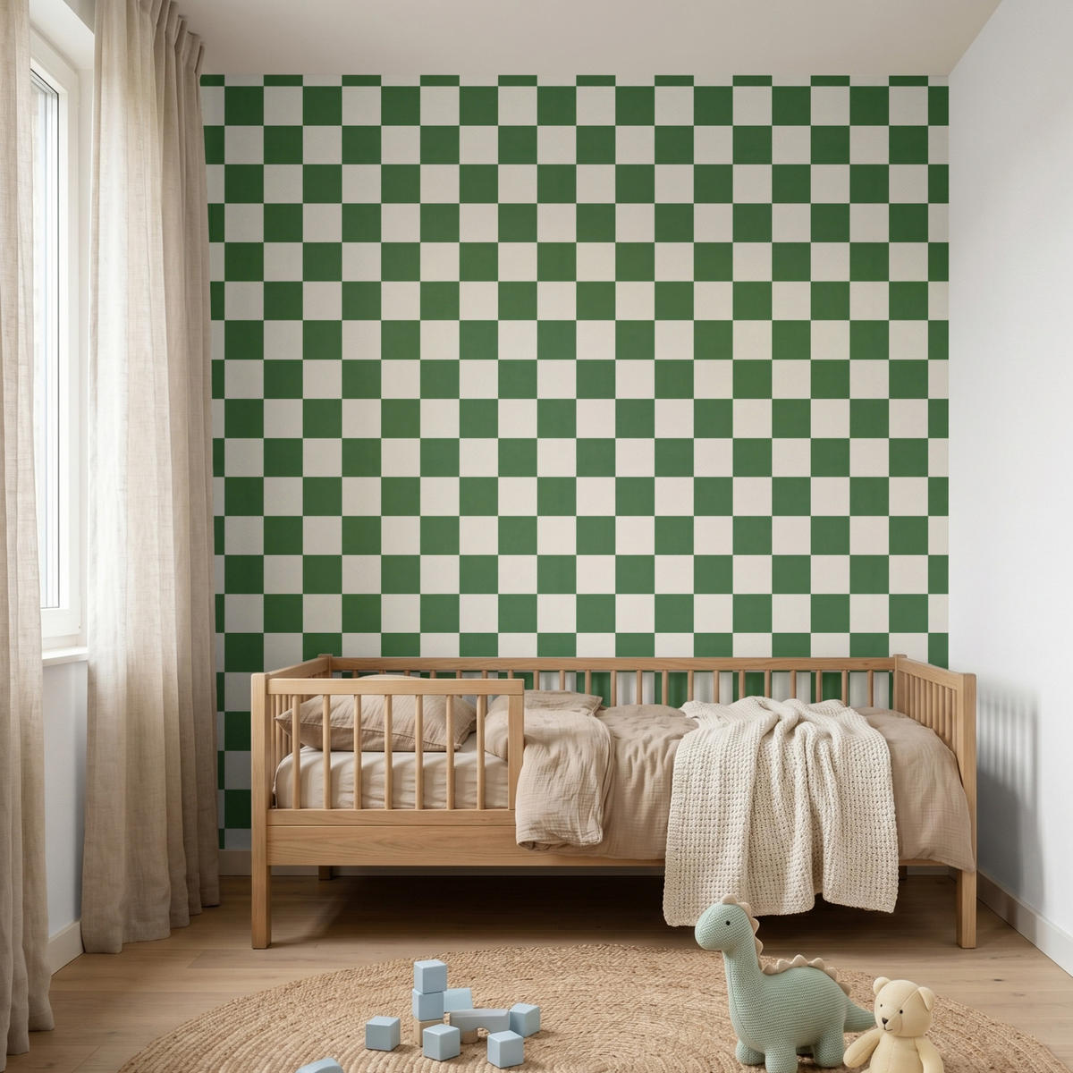 KINDERTAPETE - Schachbrett - Muster - Grün - 200x200 cm - Grün, Papier (200/200cm) - OnlyWow