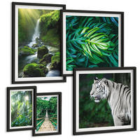BILDER SET 5er Set - 50x50 cm & 20x30 cm & 40x60 cm Schwarzer Rahmen - Dschungel-Weißtiger-Wasserfall - Schwarz, Kunststoff (40/60cm) - TULUP