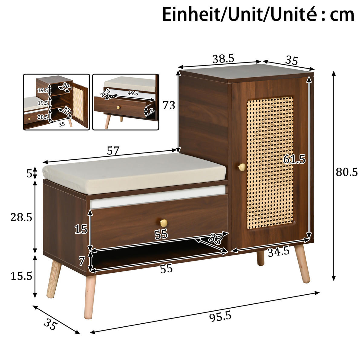 SCHUHBANK 95,5/35/80,5 cm mit Sitzkissen, Schubladen und Rattan-Optik - Naturfarben, Holzwerkstoff (95.5/80.5/35cm) - BEAOK