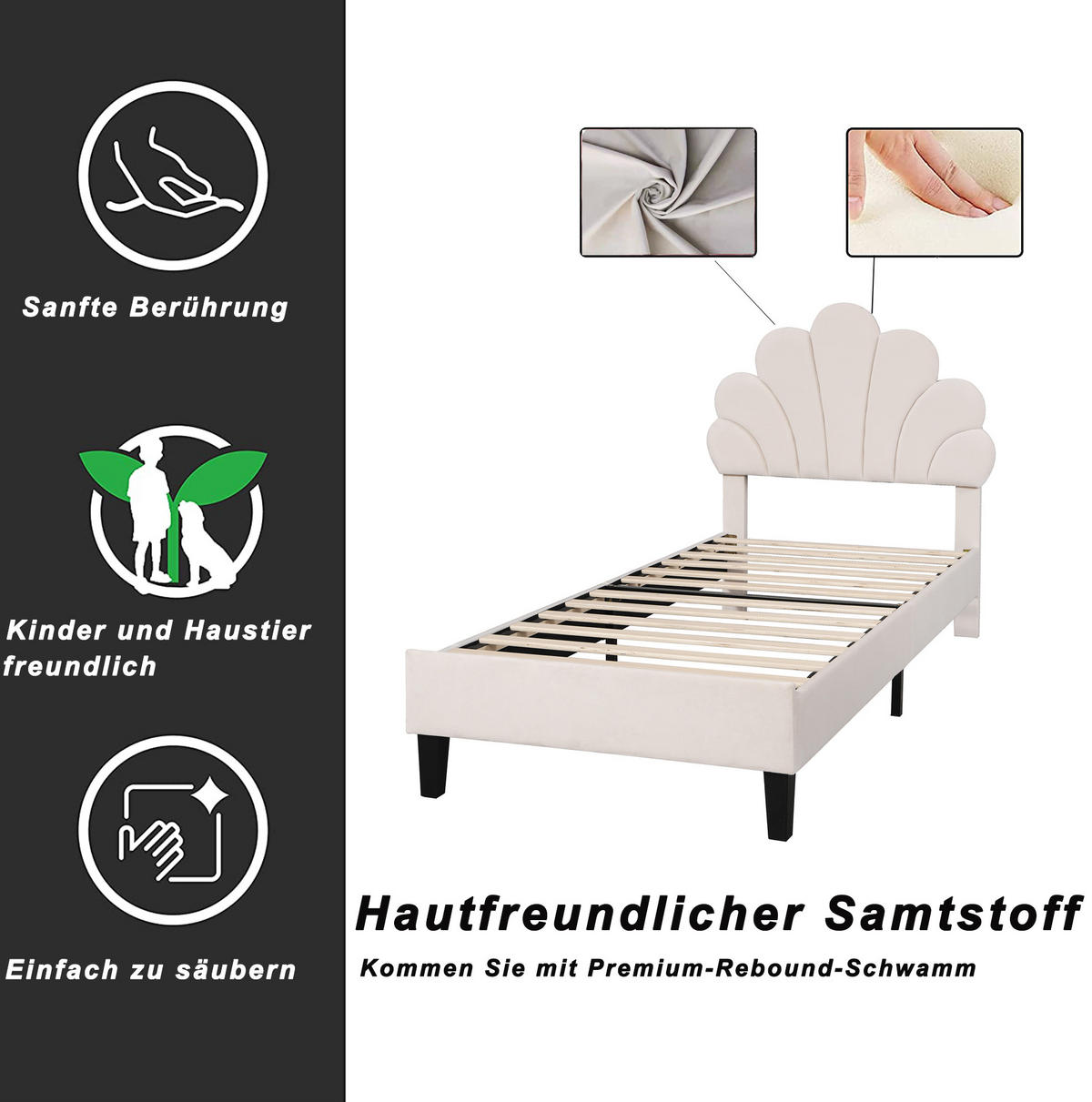 POLSTERBETT 90/200 cm mit Lattenrost und floralem Kopfteil aus Samt, Beige - Beige, Textil (90/200cm) - Redom