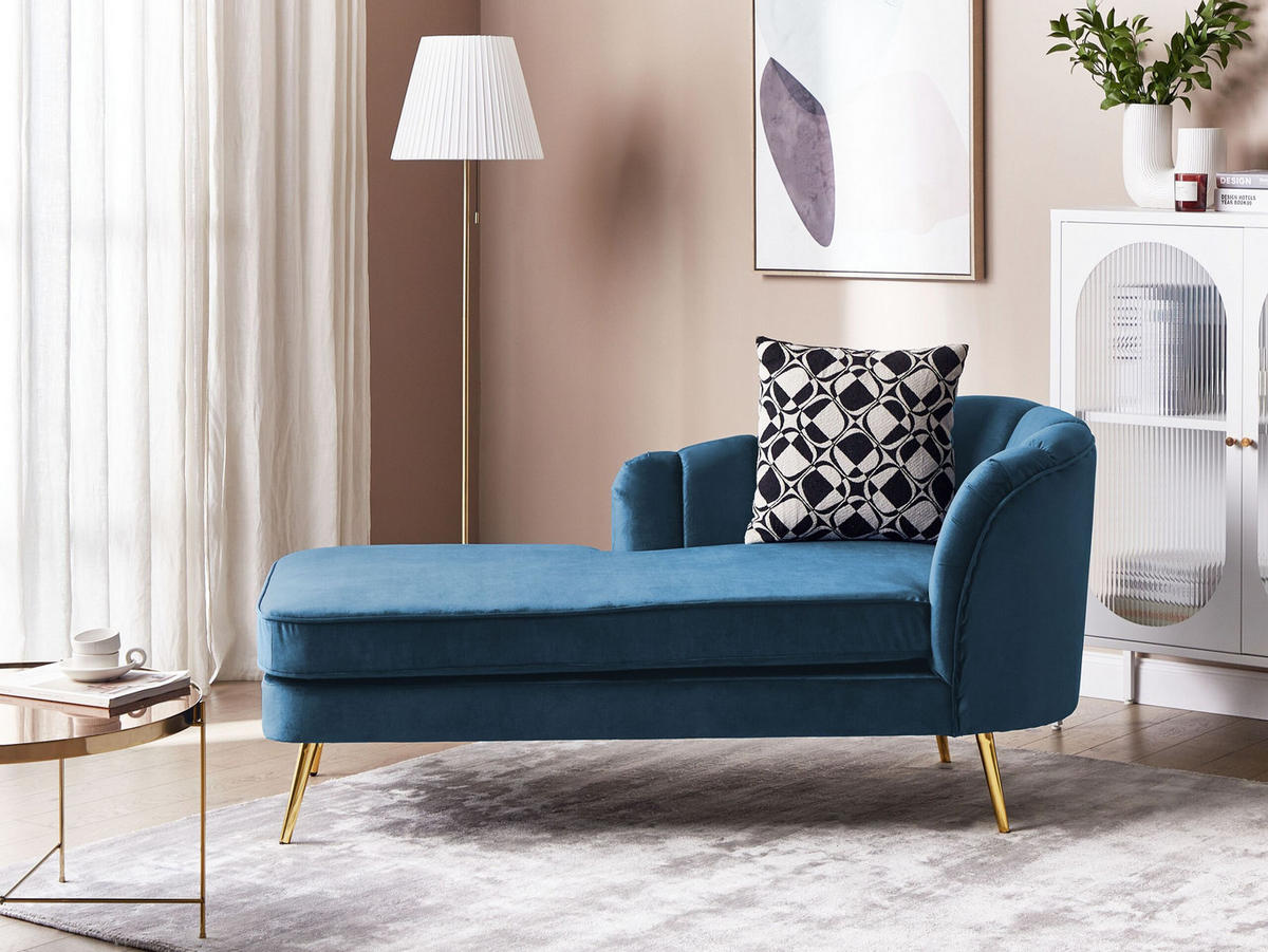 CHAISELONGUE Samtstoff marineblau rechtsseitig Allier - Blau/Goldfarben, Textil (150/75/76cm) - Beliani