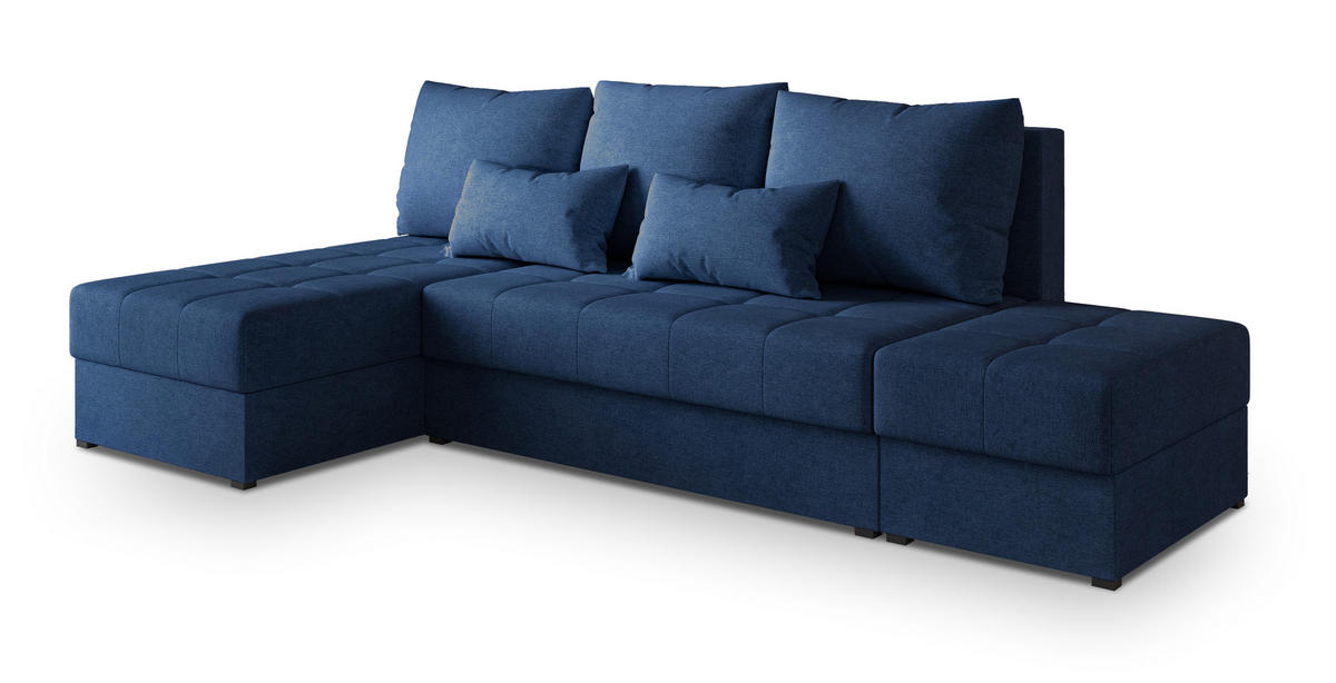 ECKSOFA NORVI Blau Geflochtener Stoff mit Schlaffunktion - Blau, Holz (251/143cm) - MASSENO