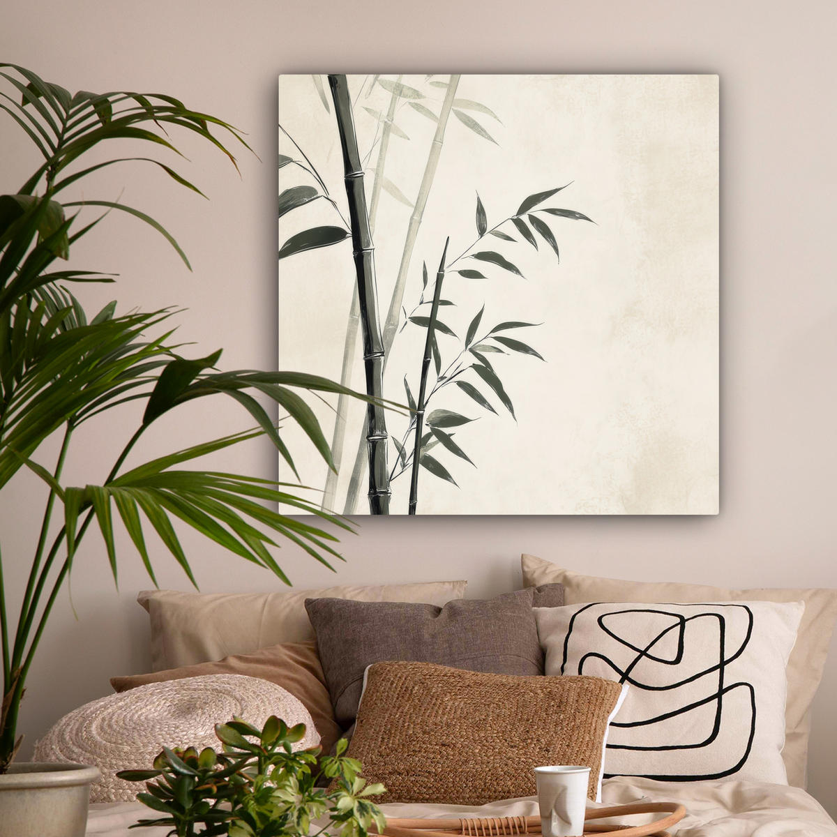 LEINWANDBILD Japandi - Bambus - Beige 90x90 cm - Eukalyptusholzfarben, Textil (90/90cm) - MuchoWow