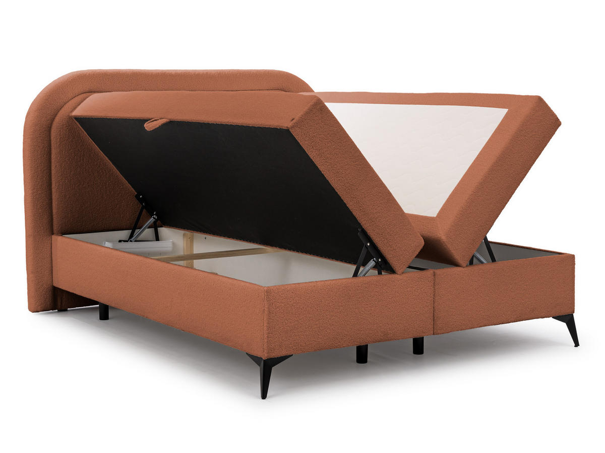 BOXBETT Sonna 160/200 cm Terrakotta Bouclé-Stoff mit abgerundetem Kopfteil und mit schwarzen Metallfüße - Terra cotta/Schwarz, Holz/Textil (160/200cm) - S-Style Möbel