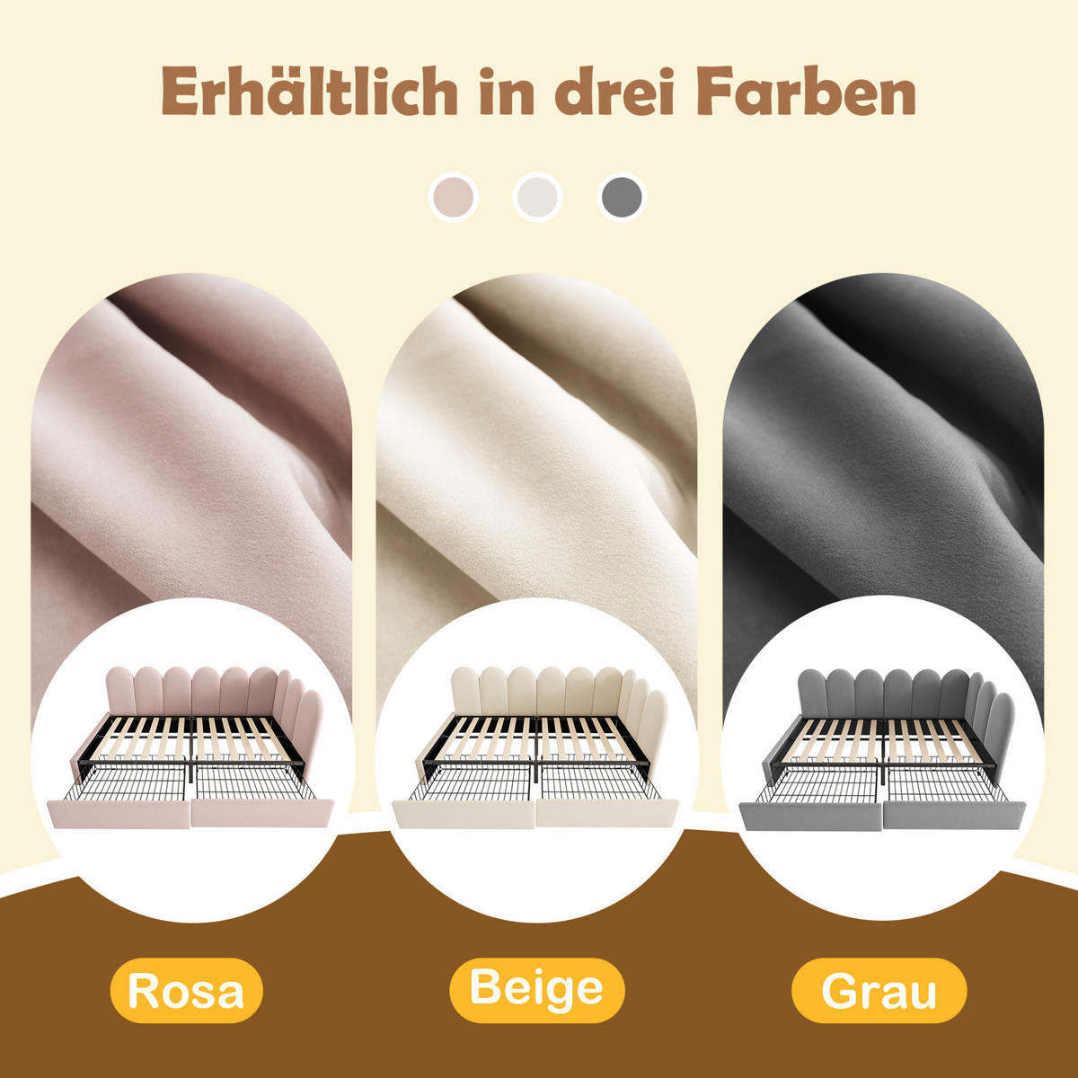 POLSTERBETT 90/190 cm in Beige aus Samt mit 2 Schubladen - Beige, Textil (90/190cm) - Flora Grace
