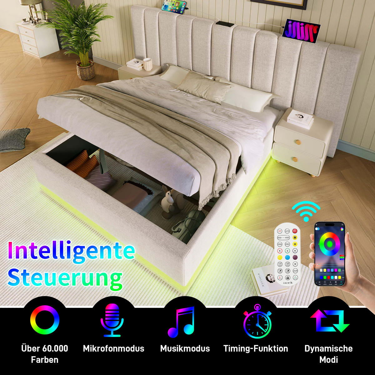 POLSTERBETT 160/200 cm Beige Stauraumbett mit App-Steuerung und USB-C Mit Matratze - Beige, Textil (160/200cm) - OKWISH