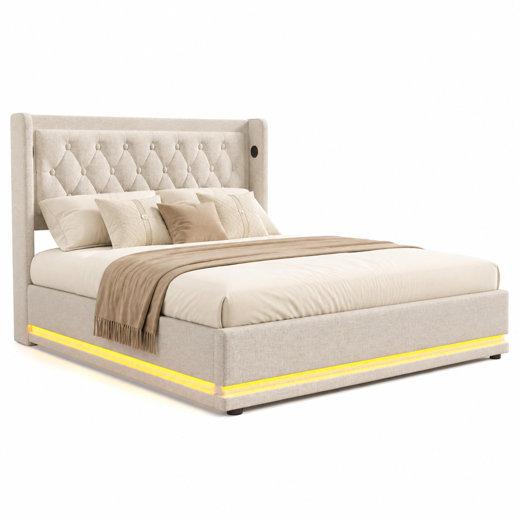 BETT mit Stauraum 160x200 cm Baumwolle Beige - Beige, Metall (160/200cm) - Meubliv