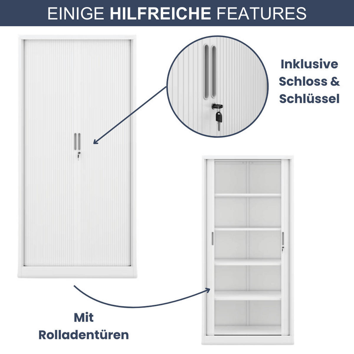 AKTENSCHRANK abschließbar KETI mit Rolladentüren 185x90x45cm Weiß - Weiß, Metall (90/185/45cm) - DELUKE