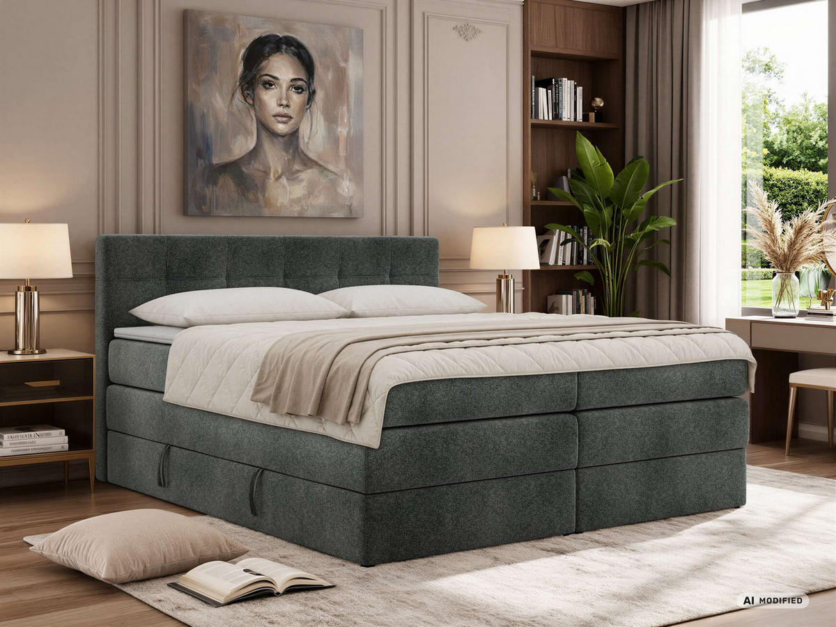 BOXSPRINGBETT SOLVEN KING 160/200 - Dunkelgrau Stukture - Topper Visco - H3 - Dunkelgrau/Schwarz, Kunststoff/Textil (160/200cm) - MKS