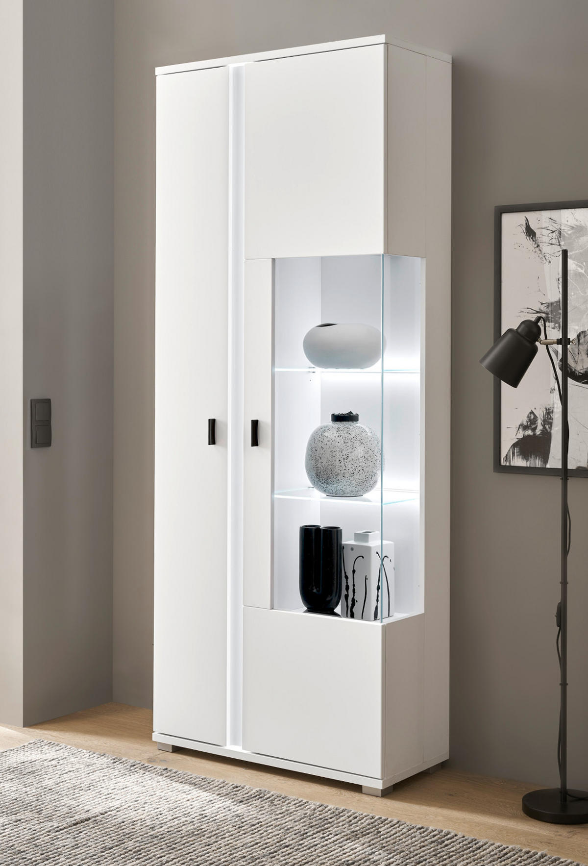 VITRINE weiß matt, Vitrinenschrank inklusive Frontbeleuchtung 80 x 200 cm - Silberfarben/Schwarz, Glas/Holzwerkstoff (80/200/35cm) - Furn.Design