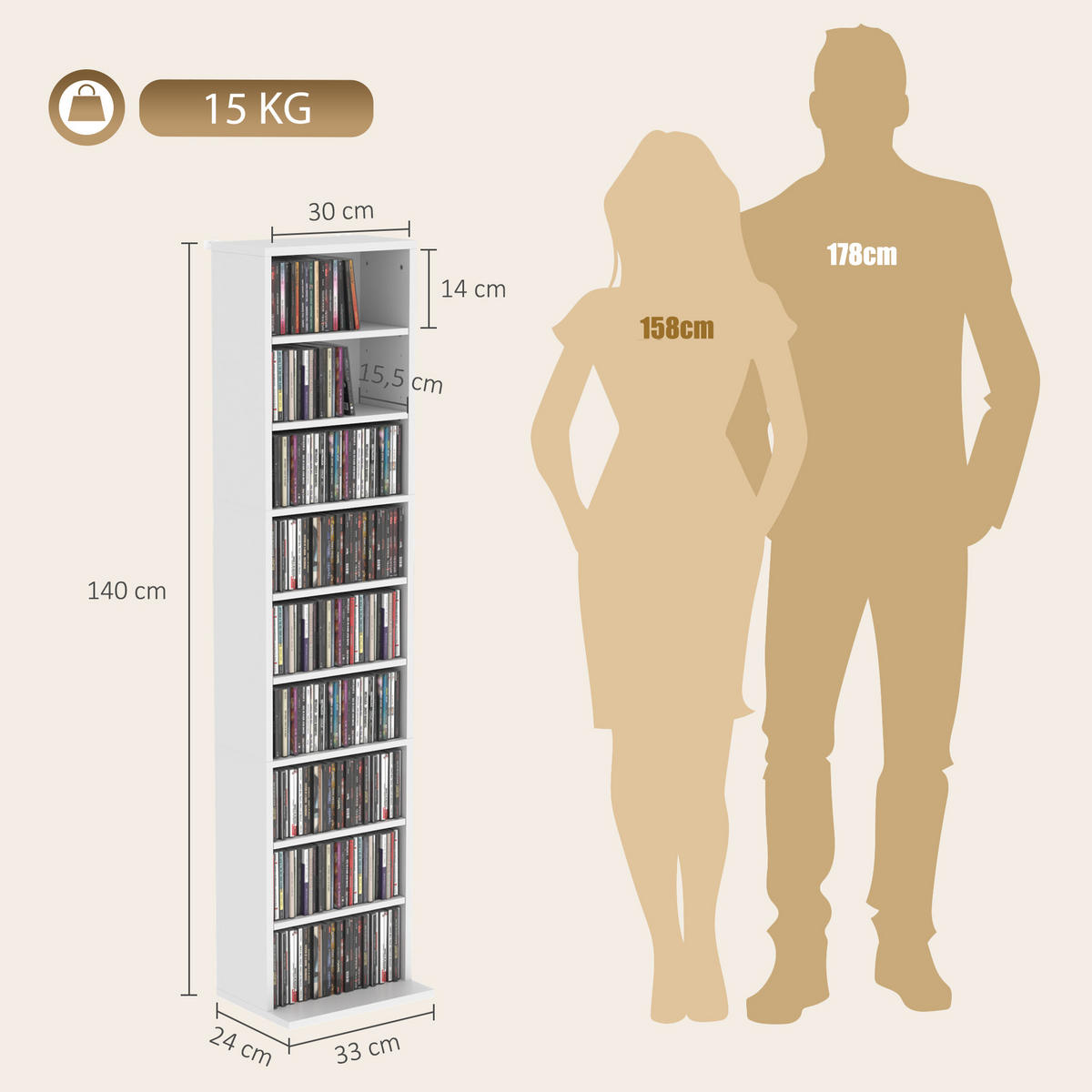 MEDIENSCHRANK Spanplatte Weiß - Weiß, Holzwerkstoff (24/140/33cm) - HOMCOM