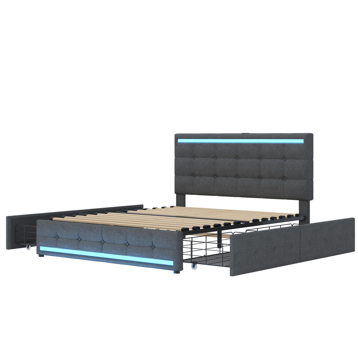 POLSTERBETT aus gepolstertem Stoff 140x200 cm Grau mit LED-Beleuchtung, 2 USB-Anschlüssen und 4 Schubladen - Grau, Textil (140/200cm) - Modfu