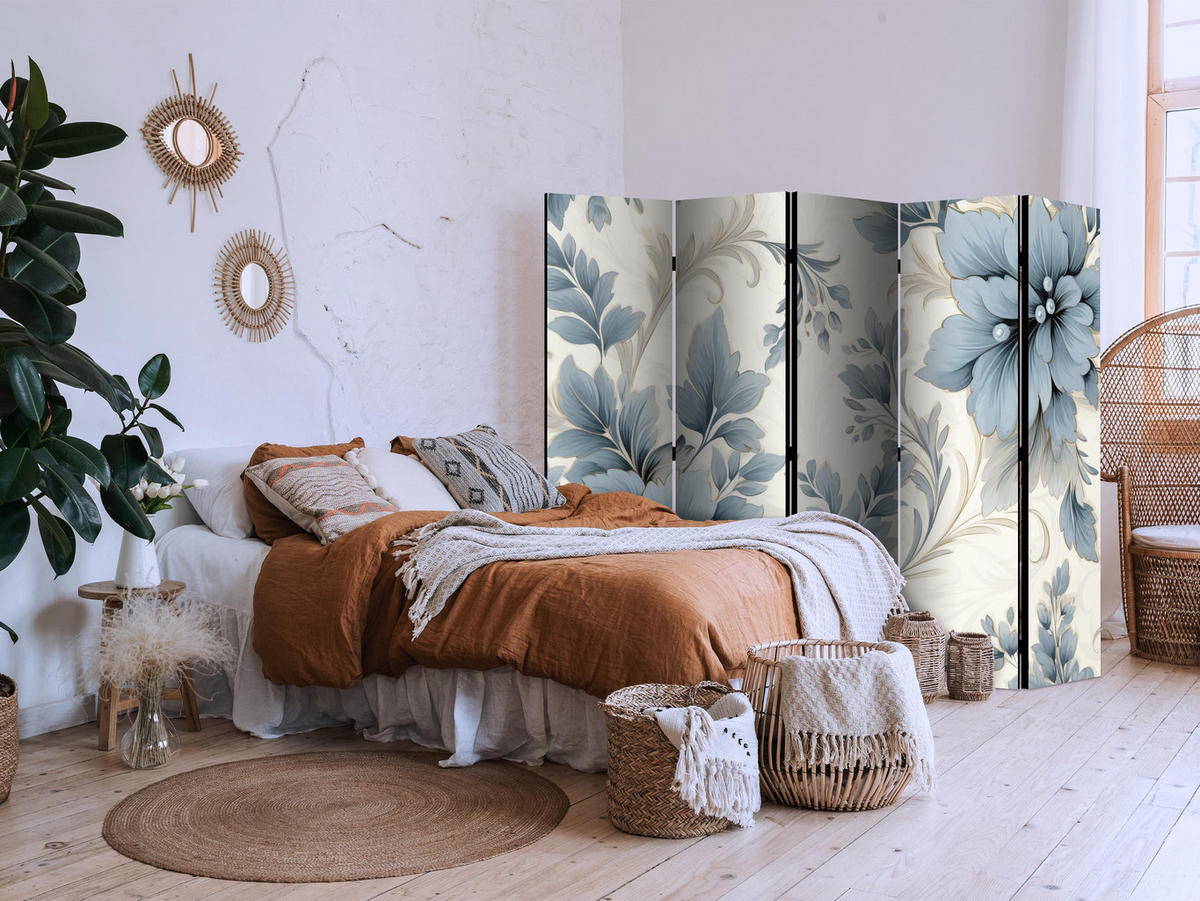 PARAVÁN Obojstranný 5-dielny 225x172 cm Modré Rastliny - modrá, drevo/textil (225/172/3cm) - Muralo
