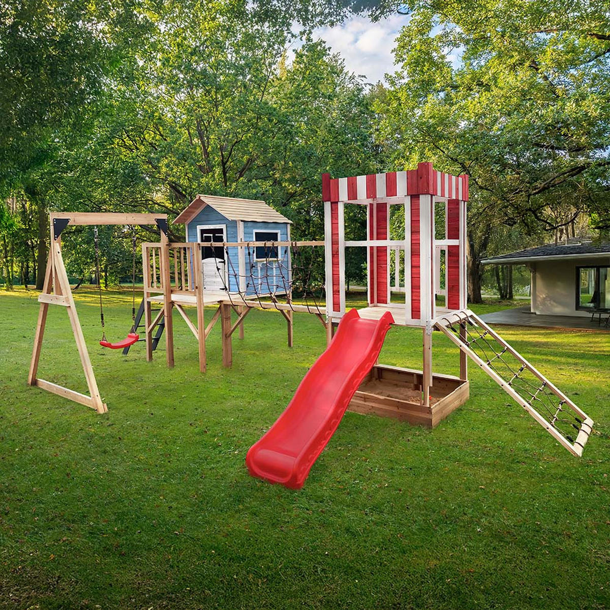 SPIELPARK WUNDERLAND - Farbe: Blau, Ausführung: inkl. Schaukel und Rutsche - Blau, Holz (555/215/340cm) - Home Deluxe