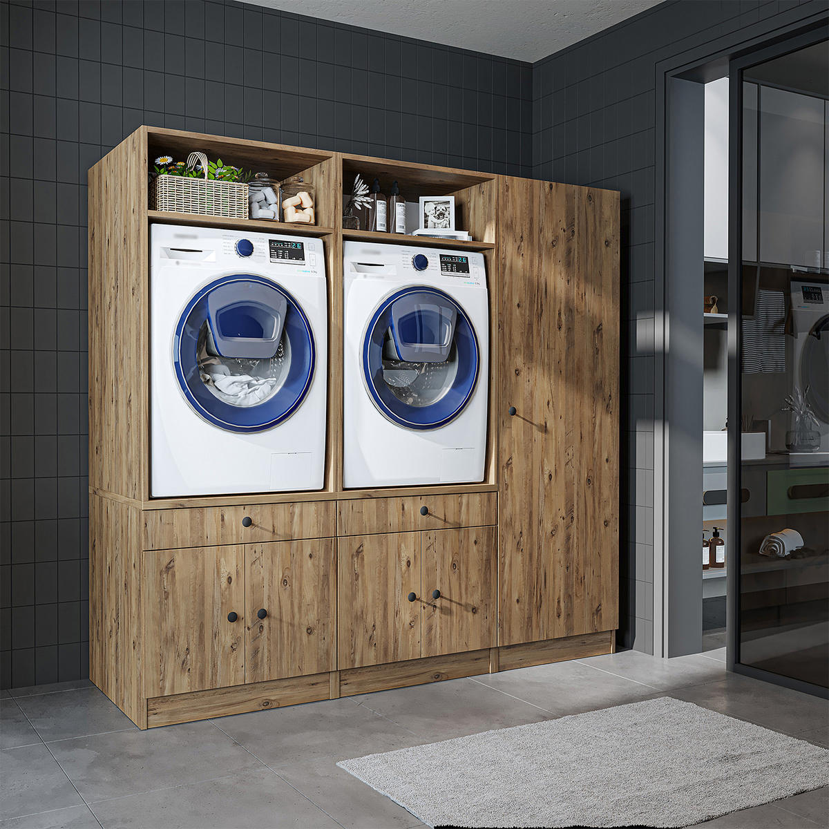 WASCHMASCHINENSCHRANK Serie 1 194cm Breit, 184cm Hoch - Eichefarben, Holzwerkstoff (194/184/67cm)