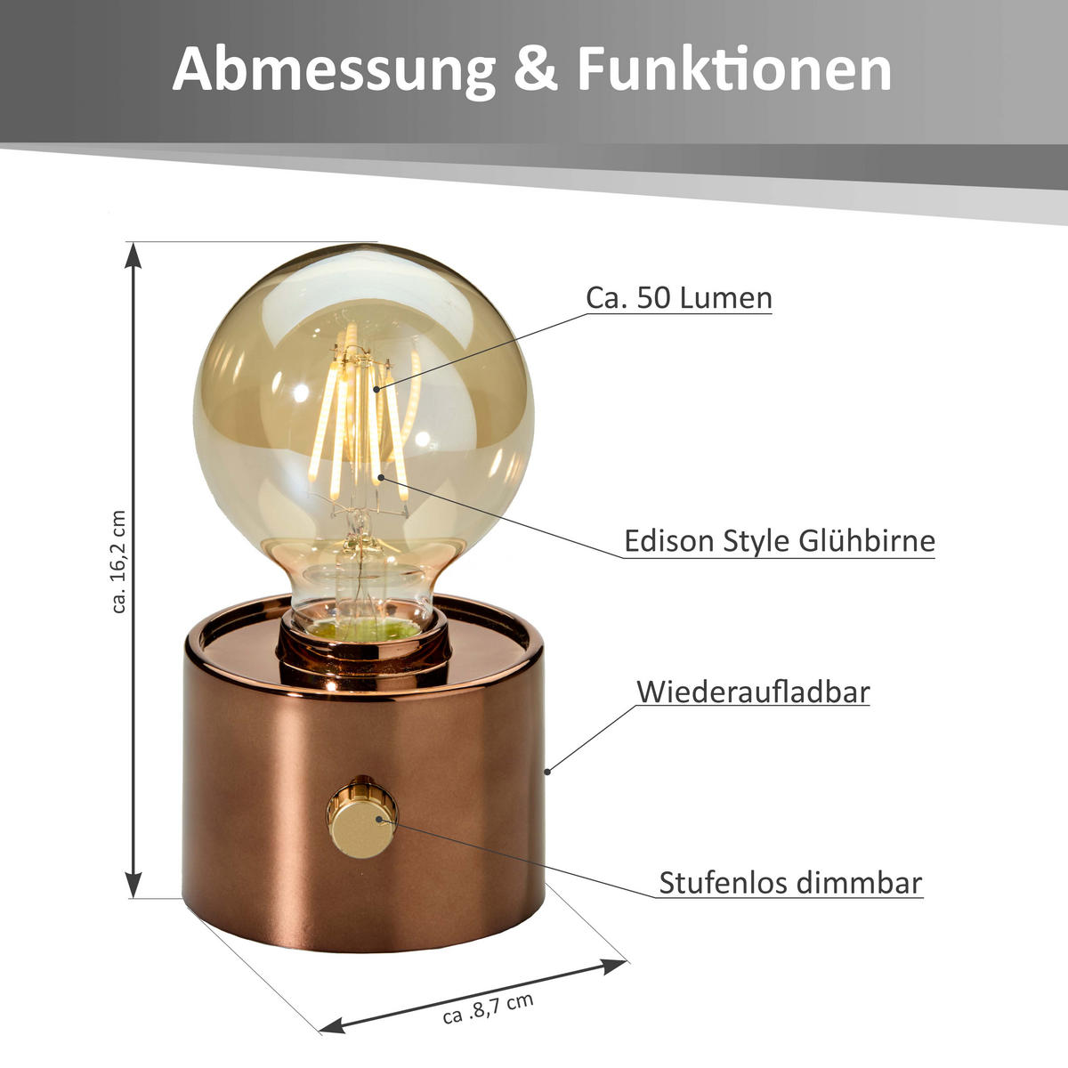LED-TISCHLAMPE Vintage Edison dimmbar 10x9x16cm Bronze - Bronzefarben, Kunststoff (10/8.7/16cm) - Northpoint