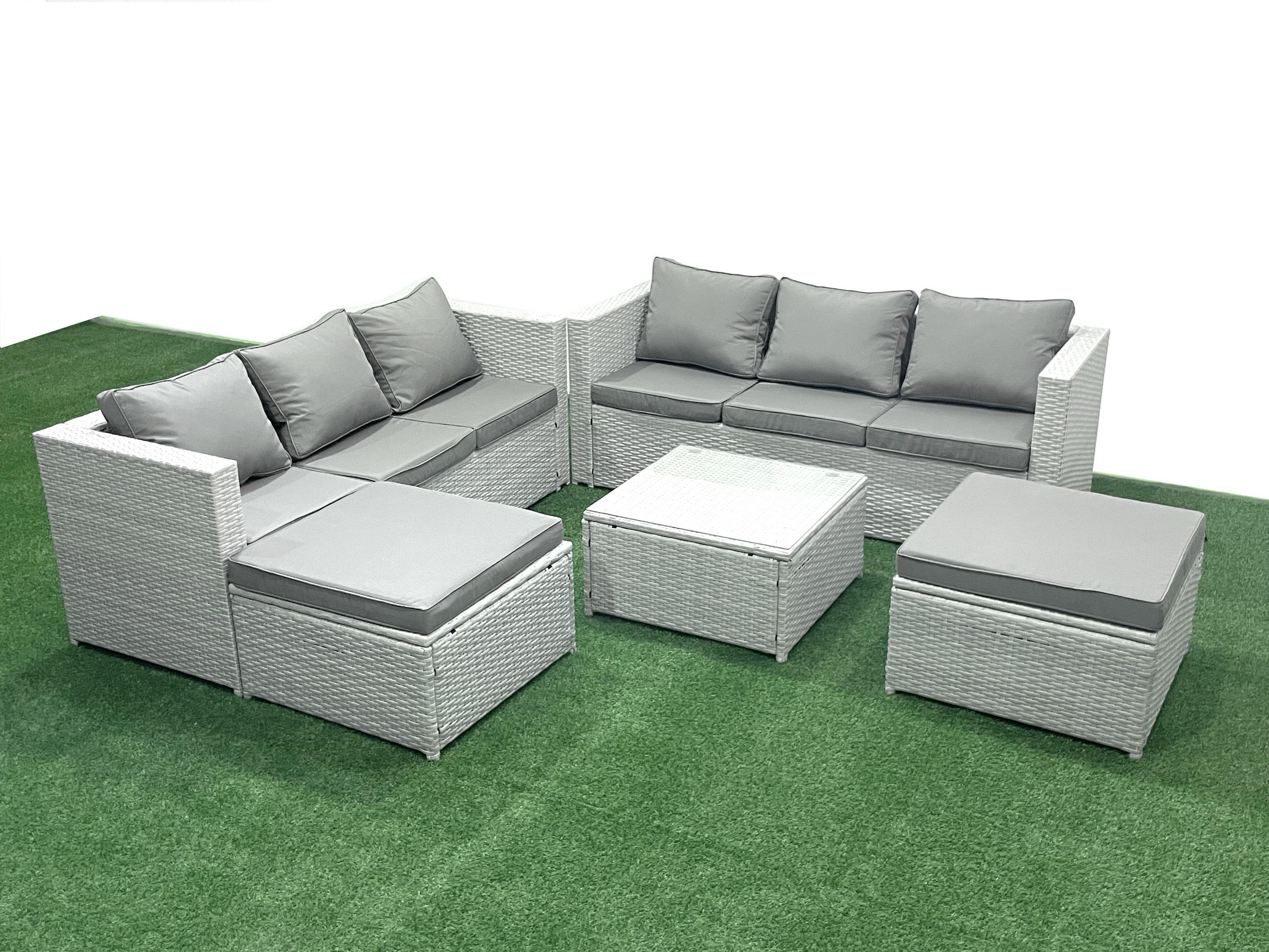 GARTENMÖBEL-SET mit Kissen Polyrattan Hellgrau-Mix 8-Sitzer - Hellgrau/Grau, Glas/Kunststoff - Fimous
