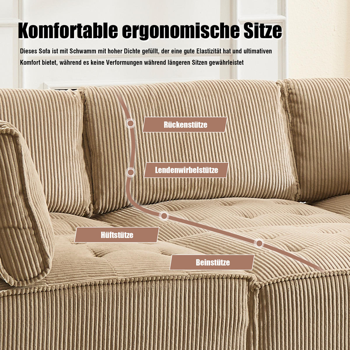 MODULARES 6-Sitzer Sofa Cord mit Seitentaschen und Schlaffunktion 308/154/82 cm Sandfarben - Sandfarben, Kunststoff/Textil (154/82/308cm) - Redom