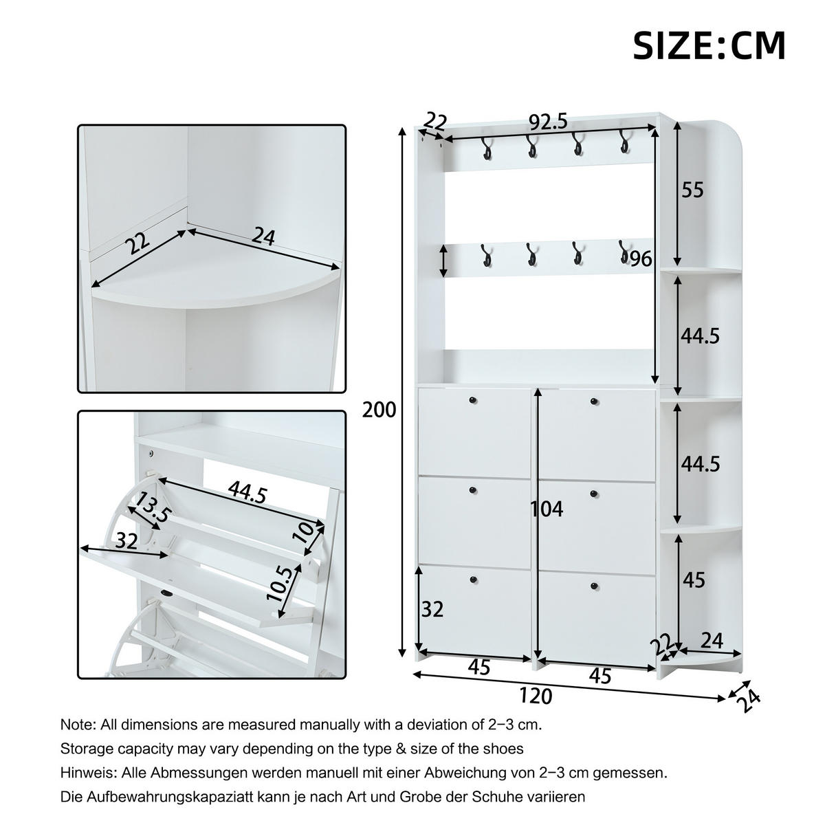 SCHUHSCHRANK in Weiß Schuhkommode mit Schuhkipper, 8 Haken, 5 Ablagen & Klapptür, Flur/Eingangsbereich, B120/T24/H200cm - Weiß, Holzwerkstoff (120/200/24cm) - STILVORA