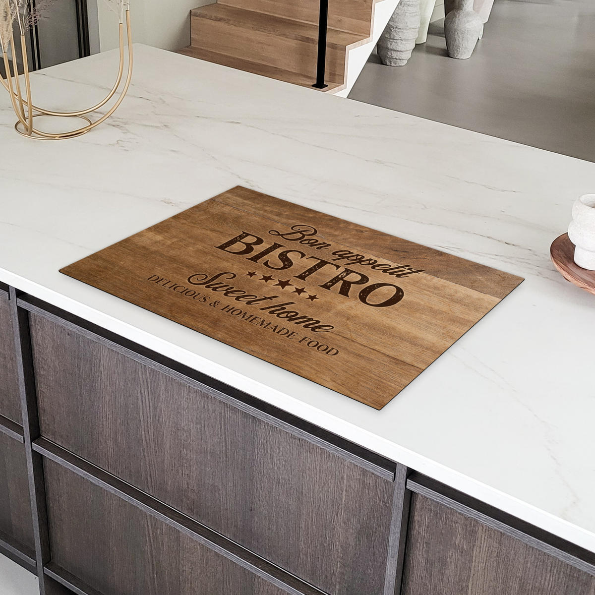 HERDABDECKPLATTE Zitat - Bistro - Guten Appetit - Süßes Zuhause - Holzmaserung 81x52 cm - Braun, Kunststoff (81.2/0.2/52cm) - MuchoWow