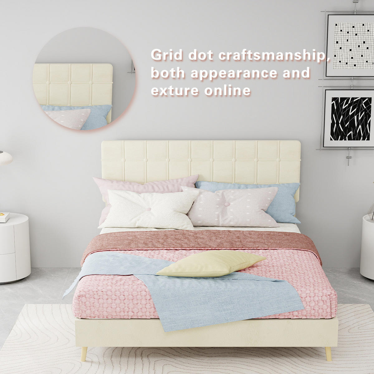 POLSTERBETT 140/200 cm in Beige aus Samt mit gepolstertem Kopfteil - Beige, Textil (140/200cm) - Flora Grace
