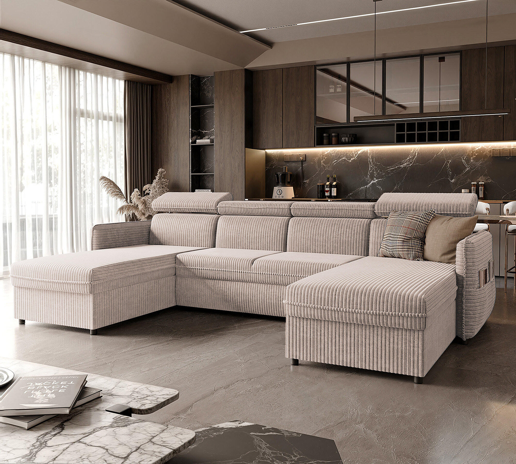 WOHNLANDSCHAFT U-Form Beni mit Schlaffunktion, Cord-Stoff Poso 100 Beige - Beige, Holzwerkstoff (286/60/166cm) - Idohome