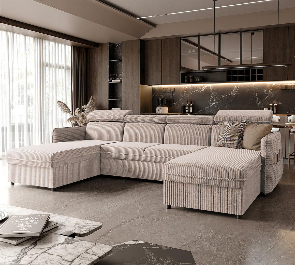 WOHNLANDSCHAFT U-Form Beni mit Schlaffunktion, Cord-Stoff Poso 100 Beige - Beige, Holzwerkstoff (286/60/166cm) - Idohome