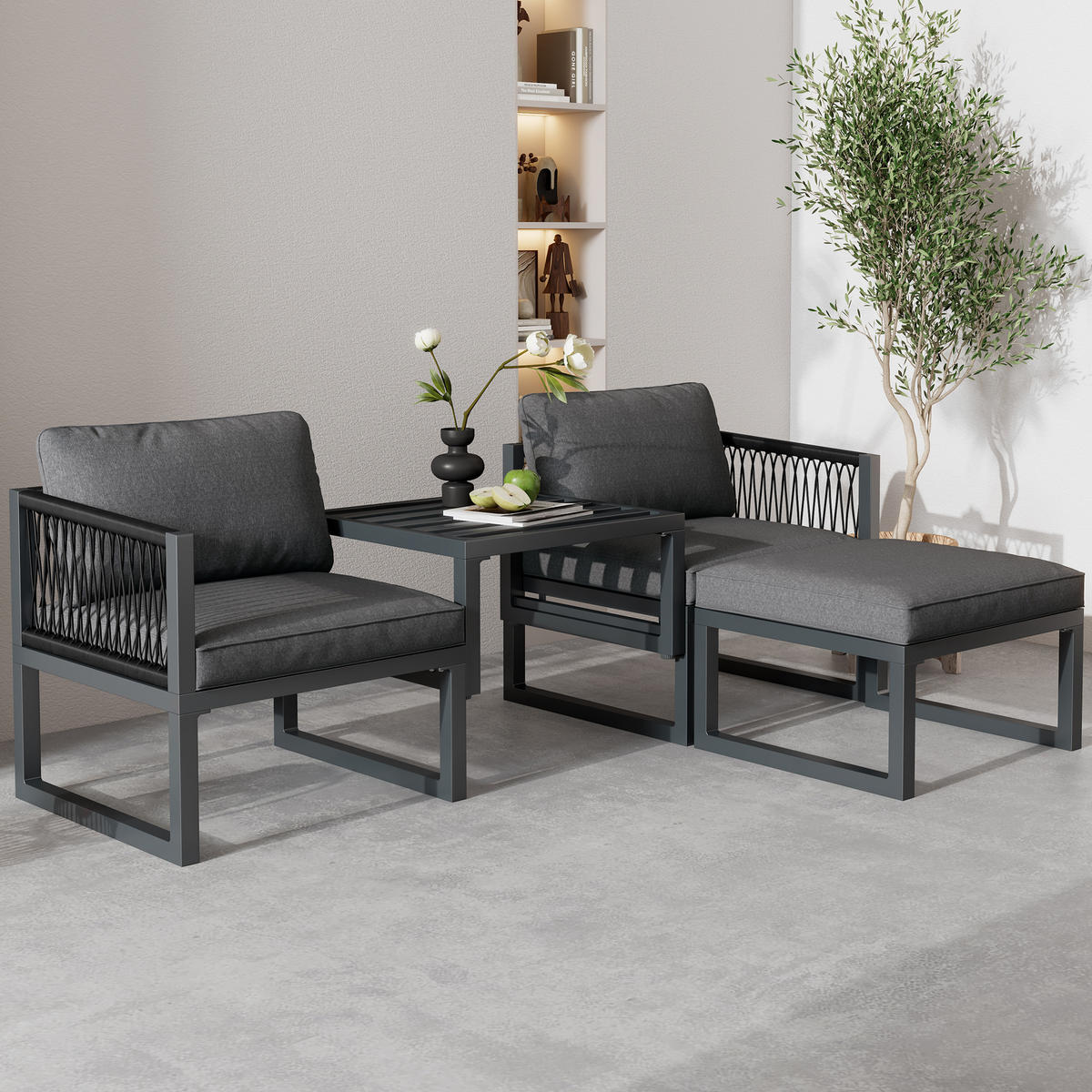 LOUNGESET Modular Grau 2 Sofas 2 Hocker - Grau, Metall - FLIEKS