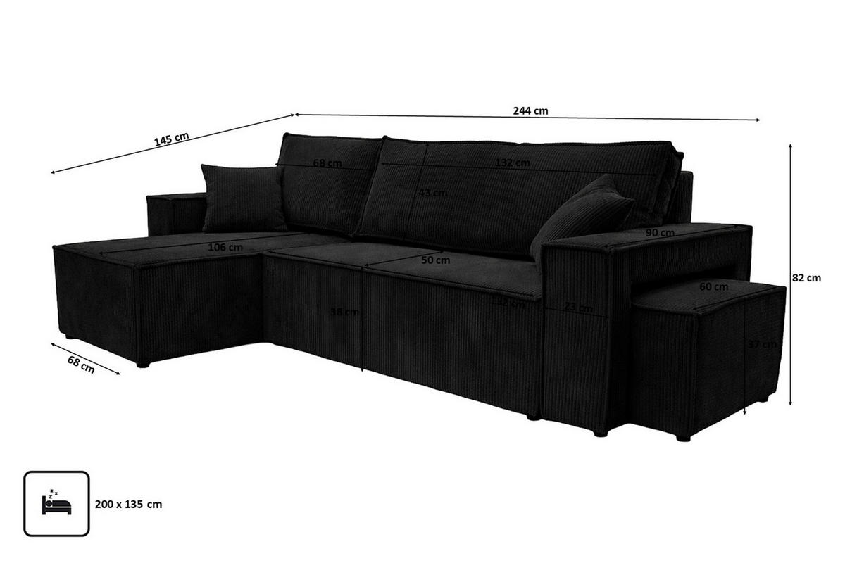 ECKSOFA Mit Schlaffunktion Und Pouf, Cordstoff Poso, Schwarz, Links, Best L Mit Pouf - Schwarz, Holz (244/145cm) - Kaiser Möbel