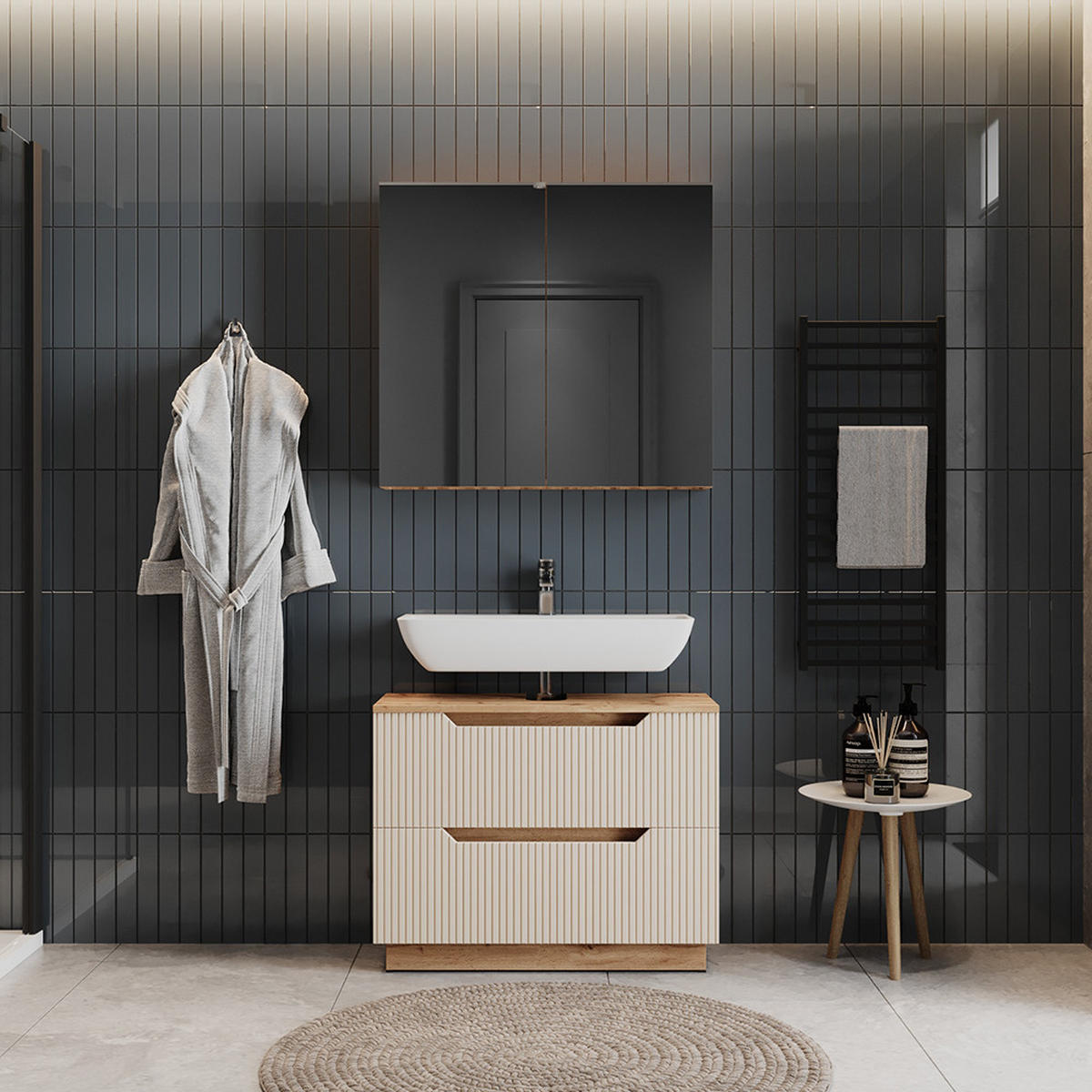 BADMÖBEL-SET Lotta Eiche/Kaschmir gestreift 2 Teile - Kaschmir/Eichefarben, Holzwerkstoff (79.6/62.5/32cm) - Vicco