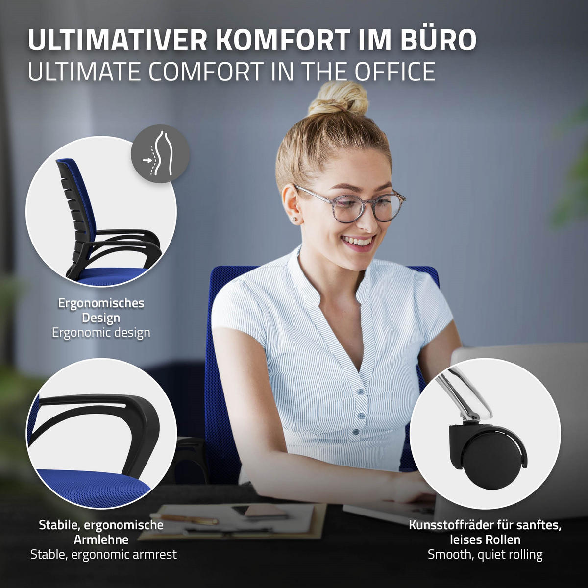 SCHREIBTISCHSTUHL Classic blau - Blau, Metall (54/99/59cm) - ML-DESIGN