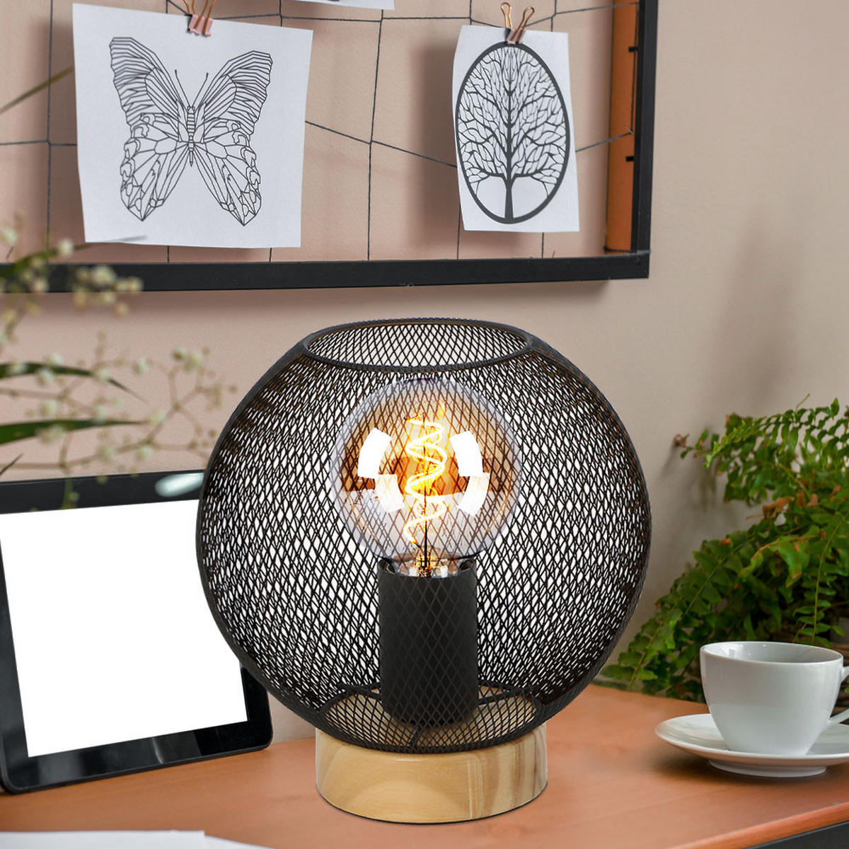 TISCHLEUCHTE Holz Schwarz Gitteroptik - Schwarz, Holz (20/20/20cm) - Globo Lighting