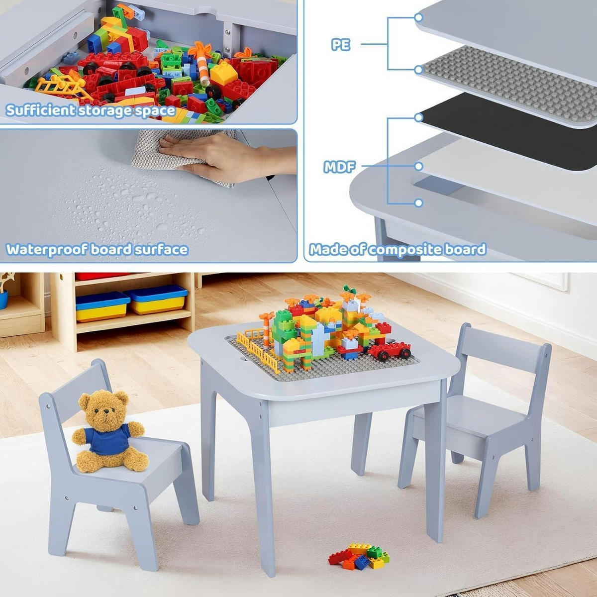 KINDERTISCH mit 2 Stühlen Set Blau - Hellblau, Holzwerkstoff (50/49/54cm)