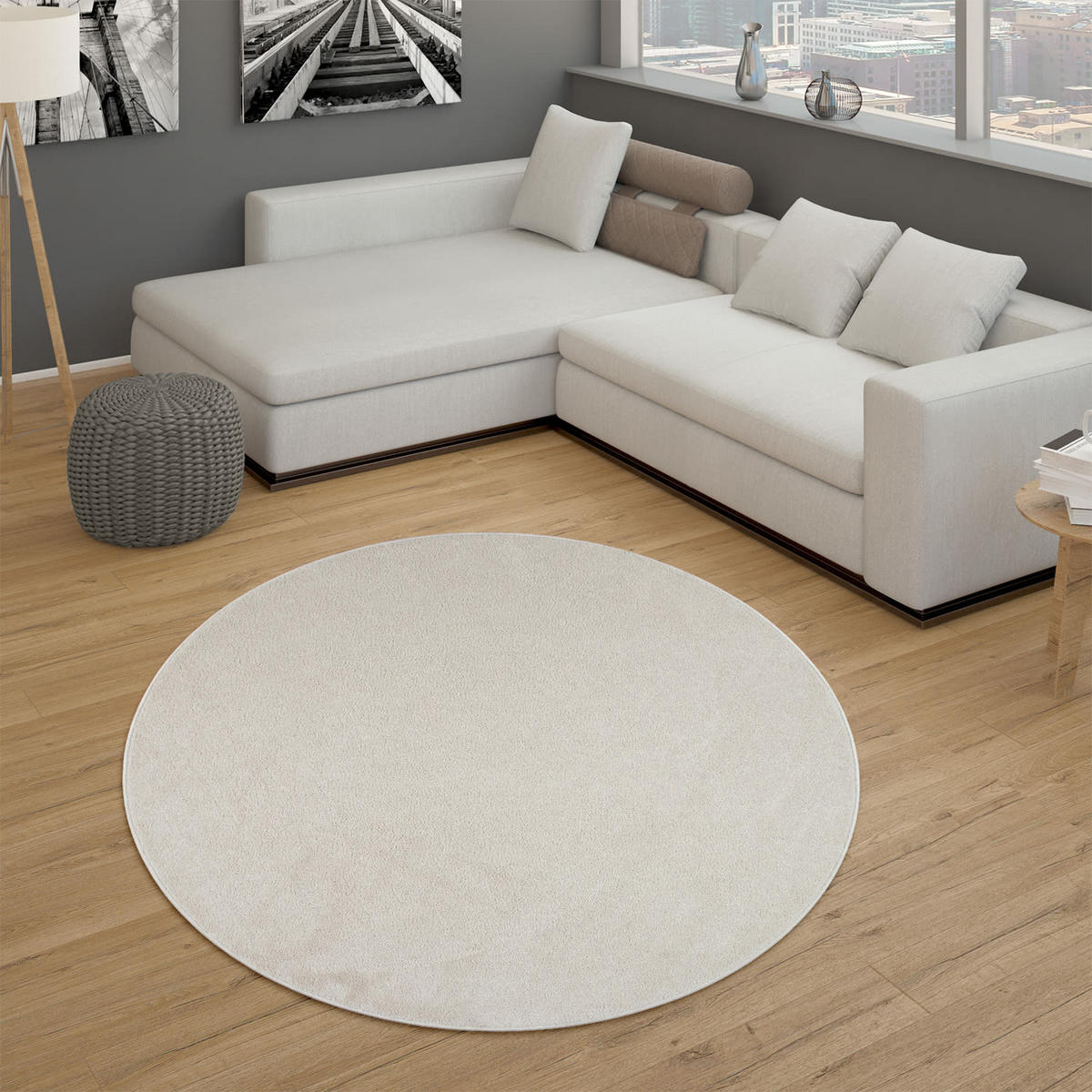 KURZFLORTEPPICH Waschbar, einfarbig, Creme, Ø 120 cm - Beige, Textil (120/120cm) - KADIMA DESIGN