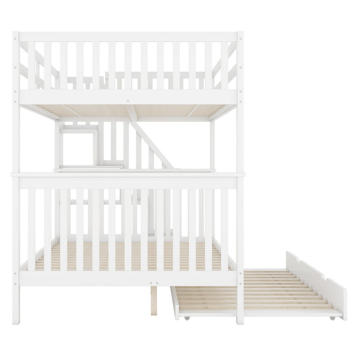ETAGENBETT 140/200 cm aus Kiefern mit Treppenregal, ausziehbarem Rollbett und hohem Geländer, Weiß - Weiß, Holzwerkstoff (140/200cm) - Redom