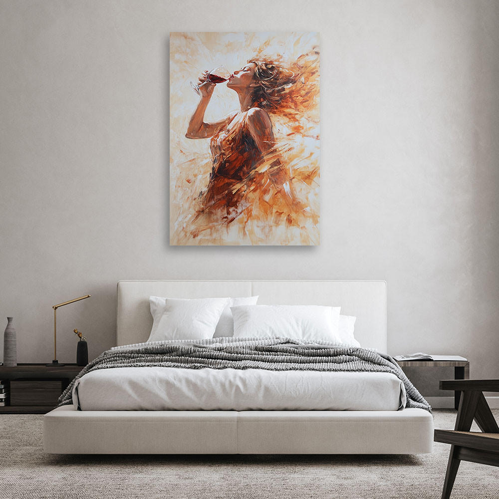 WANDBILD frau mit einem glas rotwein beige - Orange, Textil (40/60cm) - Feeby