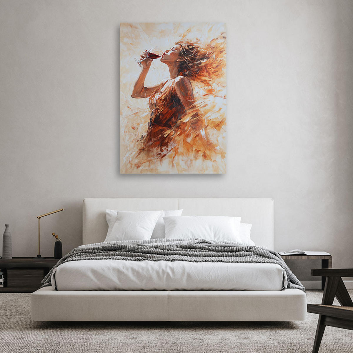 WANDBILD frau mit einem glas rotwein beige - Orange, Textil (80/120cm) - Feeby