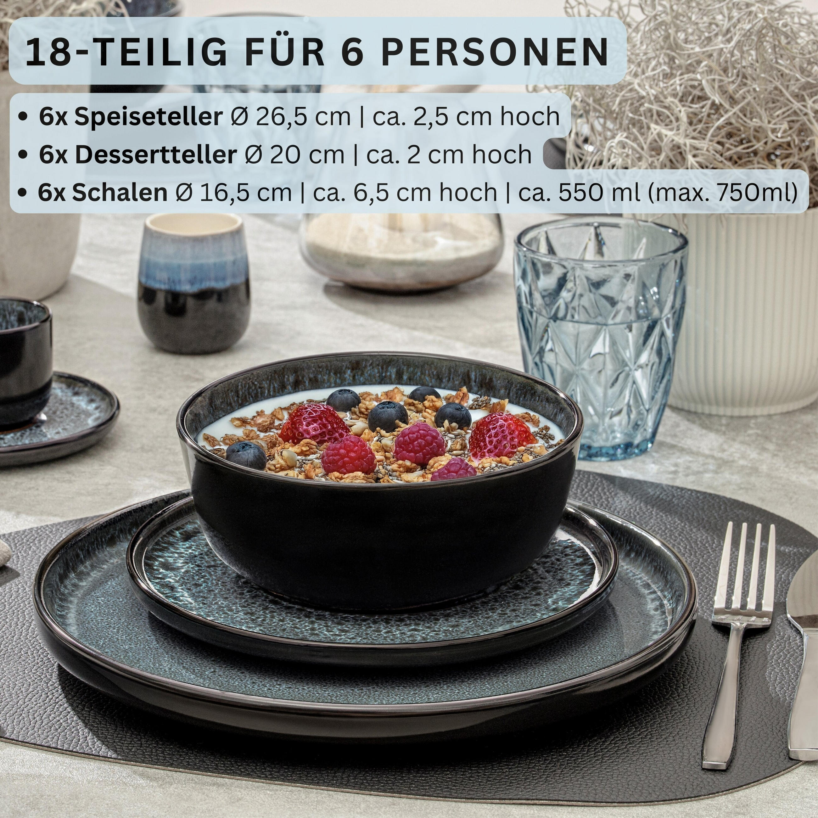 TAFELSERVICE MANILA - 18 teilig aus Steingut - Blau, Stein (26.5/6.5/26.5cm) - Sänger