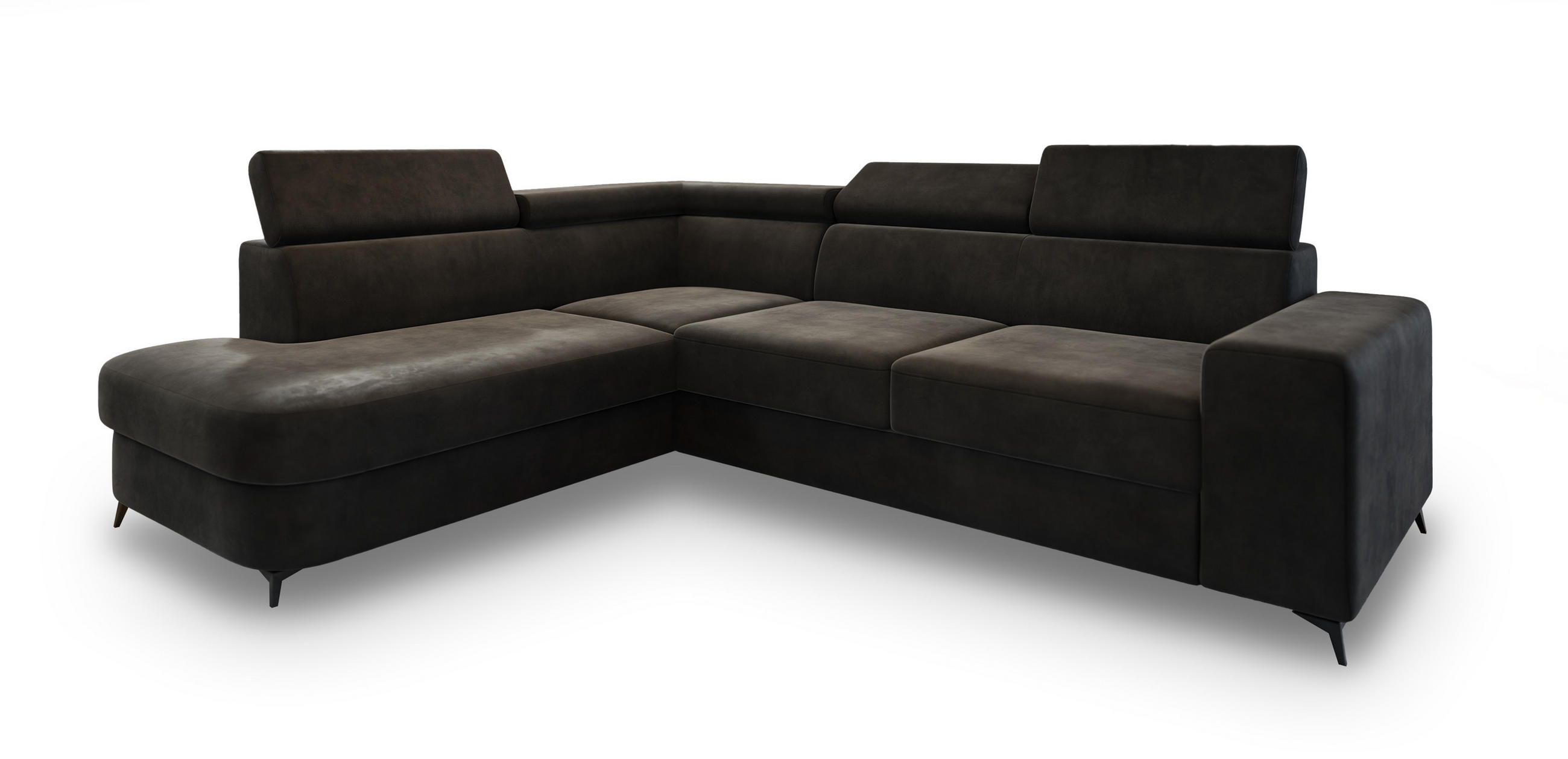 ECKSOFA ALVORO L-S Schwarz Velours-Stoff mit Schlaffunktion - Schwarz, Holz (253/190cm) - MASSENO