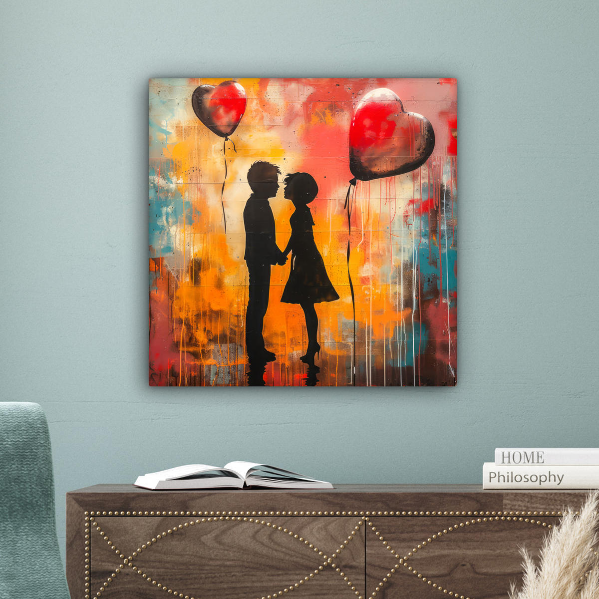 LEINWANDBILD Straßenkunst - Liebe - Graffiti - Kunst - Banksy 50x50 cm - Orange, Textil (50/50cm) - MuchoWow