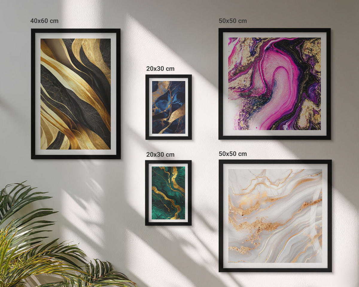 BILDER SET 5er Set - 50x50 cm & 20x30 cm & 40x60 cm Schwarzer Rahmen - Abstrakter Marmor mit Farben - Schwarz, Kunststoff (40/60cm) - TULUP