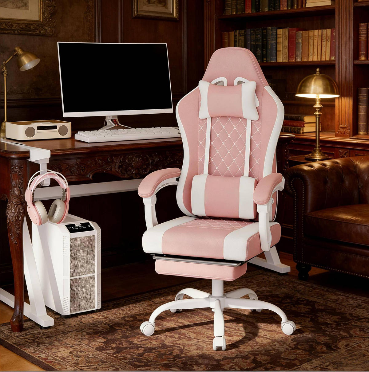 GAMINGSTUHL in Pink und Weiß 70x70x127 cm mit Massagefunktion und Fußstütze - Pink, Textil (70/127/70cm) - IVMEU
