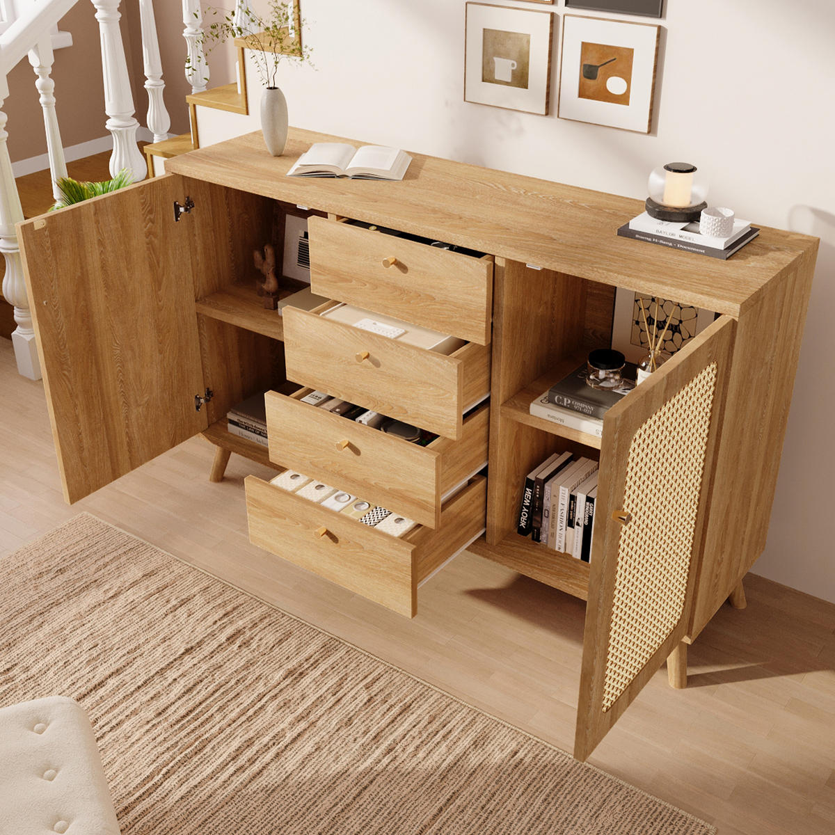 SIDEBOARD Holzoptik Natur, mit 2 Geflechttüren, 4 Schubladen und Innenfächern, 140/40/86 cm - Eichefarben, Holzwerkstoff (140/86/40cm) - WISHDOR
