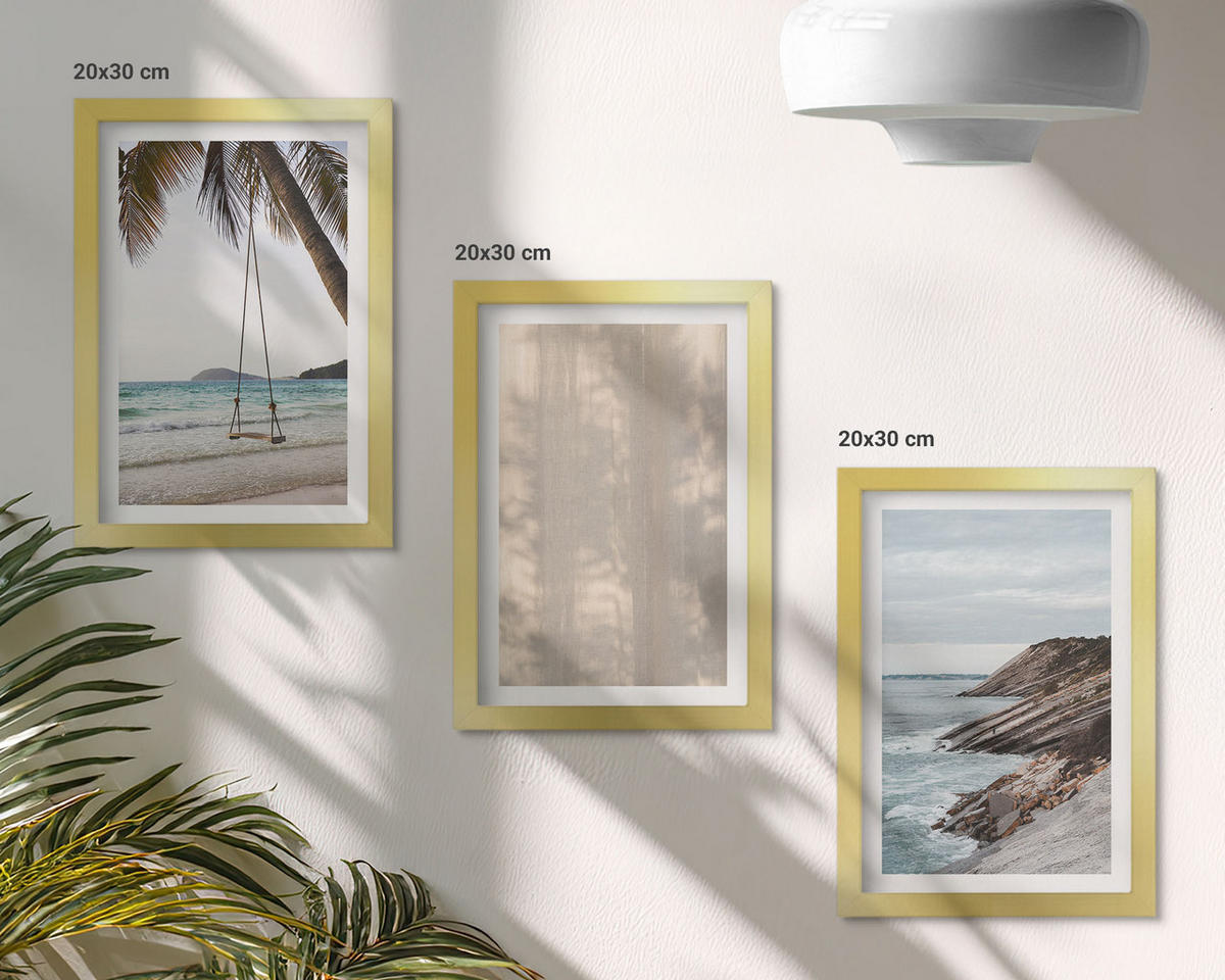 BILDER SET 3er Set - 20x30 cm Goldrahmen - Sommerlicher Sandstrand mit Meerblick - Goldfarben, Kunststoff (20/30cm) - TULUP